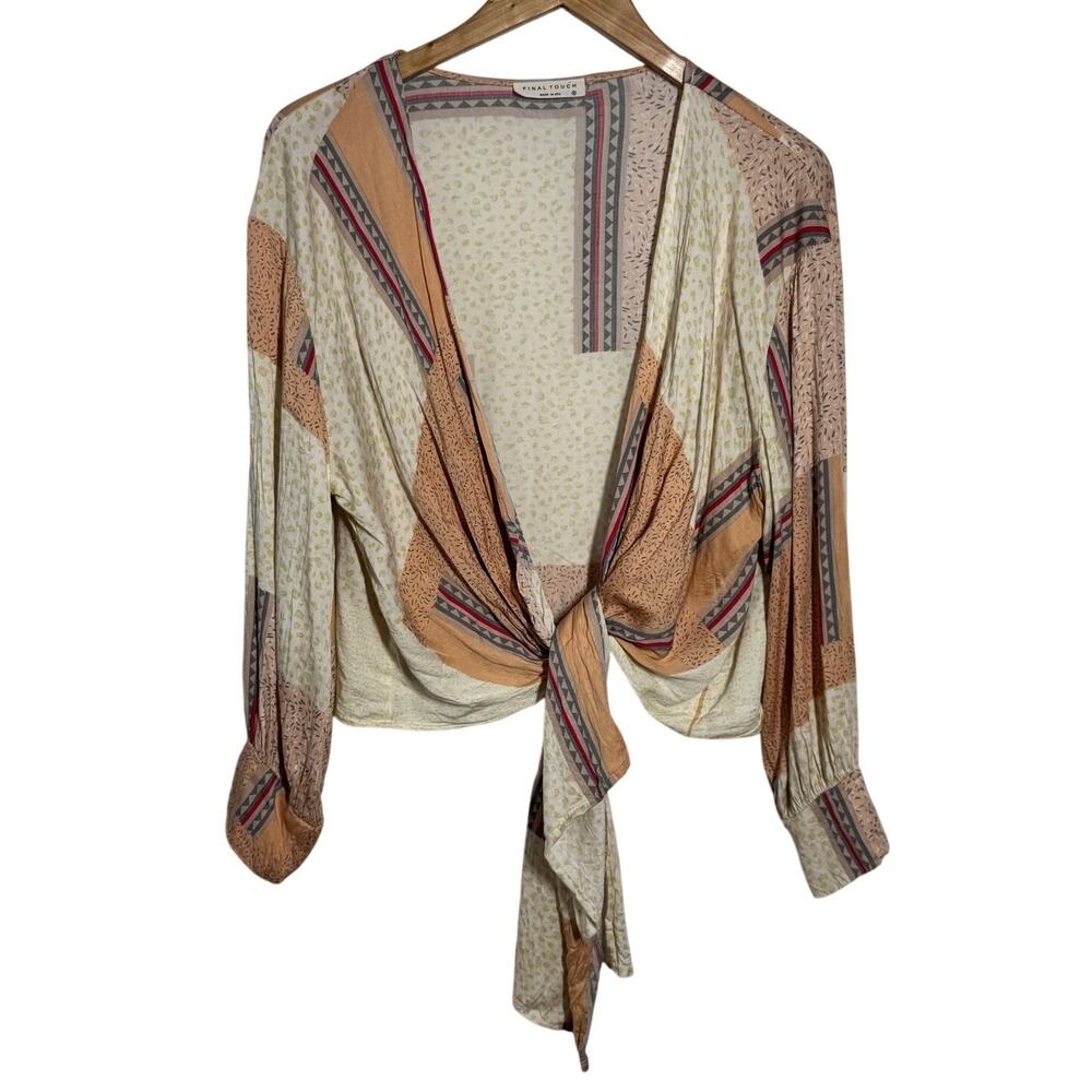 Final Touch Patchwork Tie Front Long Sleeve Blouse Women S Floral Boho Coastal